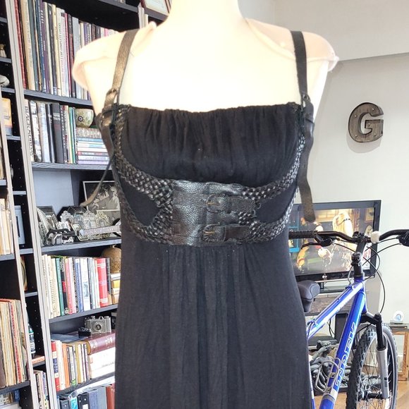 Vintage Leather Trimmed Long Dress Poly Spandex Cotton Size 8-10 - Picture 1 of 10